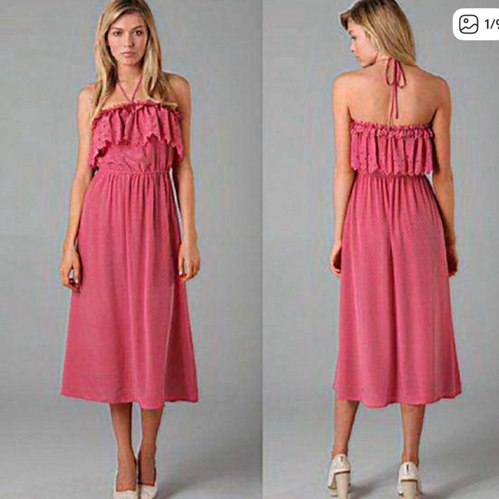 Rebecca Taylor Strapless Ruffle Midi Dress in Rose